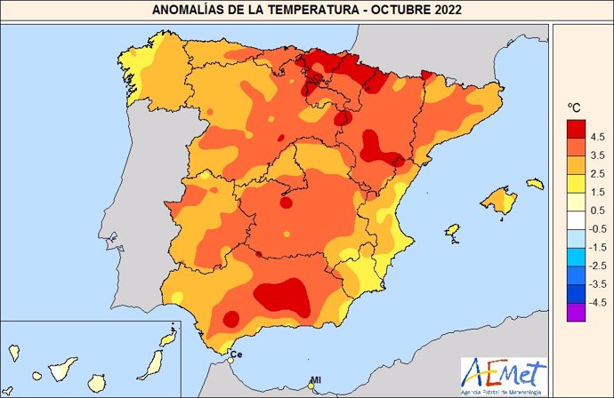Anomalías térmicas en octubre de 2022 según el balance climático de AEMET