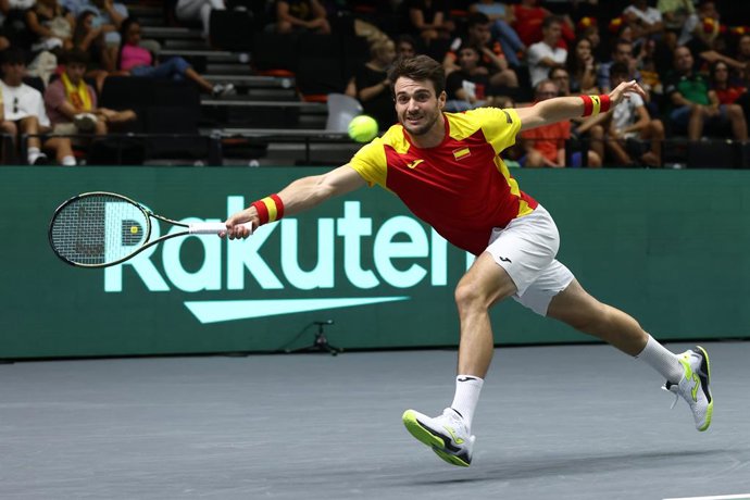 Archivo - Marcel Granollers and Pedro Martinez of Spain play doubles against Nikola Cacic and Dusan Lajovic of Serbia during the the Davis Cup by Rakuten 2022, Finals Group B, tennis match 2 played between Spain and Serbia at Fuente de San Luis pavilion