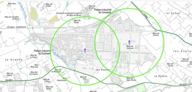 Zones afectades pel confinament per l'incendi al polígon de Constantí (Tarragona)