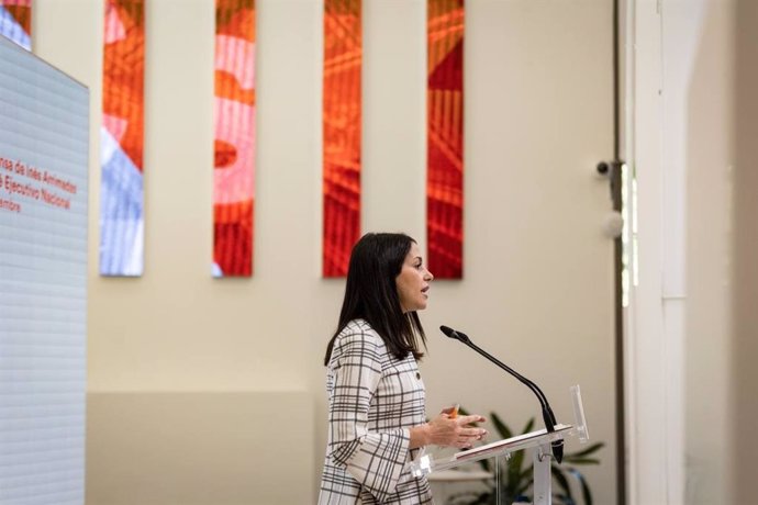 La presidenta de Ciudadanos, Inés Arrimadas, en rueda de prensa desde la sede nacional del partido.