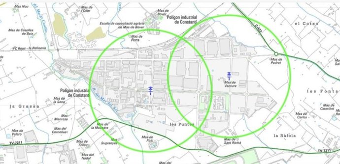 Zonas afectadas por el confinamiento por el incendio en el Polígono de Constantí (Tarragona)