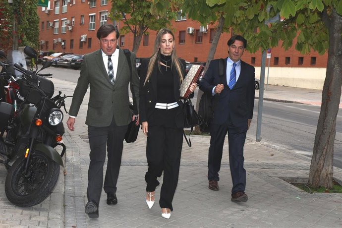 Arantxa Palomino (c) y el actor Luis Lorenzo (d) llegan a los juzgados de Arganda junto a su abogado, a 08 de noviembre de 2022, en Arganda del Rey (Madrid, España).