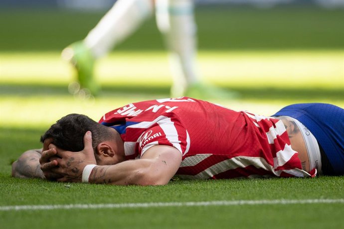 Jose Maria Gimenez of Atletico de Madrid shows his frustation for a missed goal during the spanish league, La Liga Santander, football match played between Atletico de Madrid and RCD Espanyol at Civitas Metropolitano stadium on November 06, 2022, in Mad