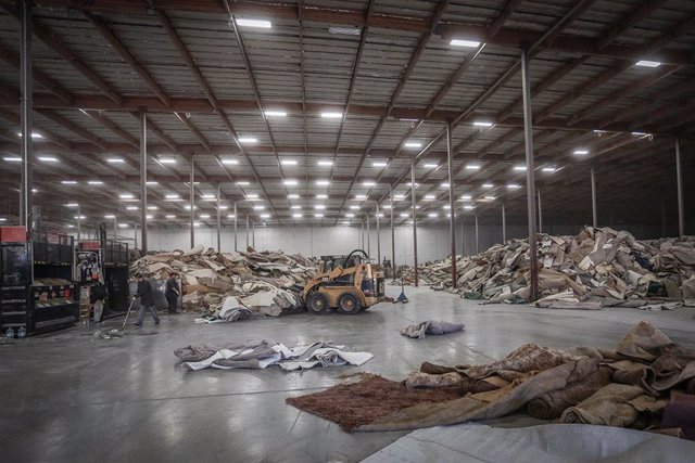 Workers at Circular Polymers by Ascend's Lincoln, California, recycling facility process post-consumer carpet into high-quality recycled polymers. Since 2018, Circular Polymers has diverted 85 million pounds of waste from the landfill.