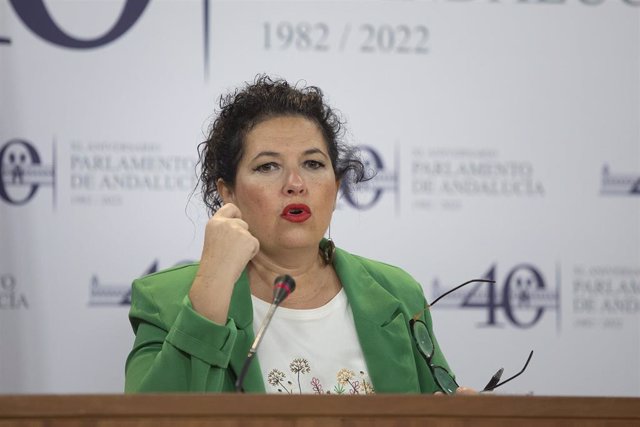 La presidenta del Grupo Parlamentario Mixto-Adelante Andalucía, Maribel Mora, este miércoles en rueda de prensa en el Parlamento de Andalucía. 