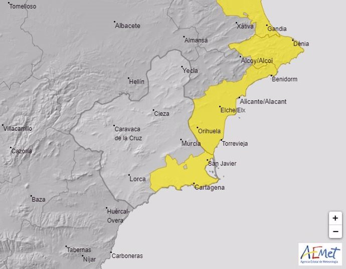 Imagen del mapa de avisos activos en la Región de Murcia