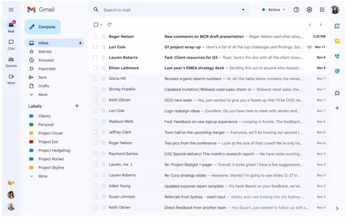 Nueva interfaz de usuario de Gmail con Chat, Spaces y Meet integrados