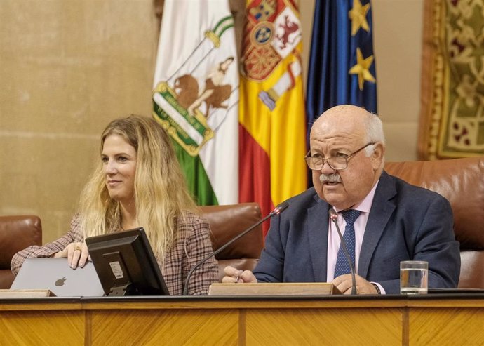 La vicepresidenta primera, Ana Mestre, y el presidente del Parlamento, Jesús Aguirre, este miércoles en el Pleno del Parlamento.