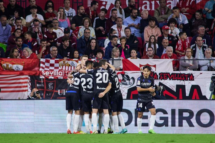 Alexander Sorloth of Real Sociedad celebrates a goal with teammates during the spanish league, La Liga Santander, football match played between Sevilla FC and Real Sociedad at Ramon Sanchez Pizjuan stadium on November 9, 2022, in Sevilla, Spain.