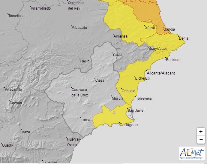 La Aemet mantiene su aviso amarillo por lluvias este jueves y viernes en el Campo de Cartagena y Mazarrón