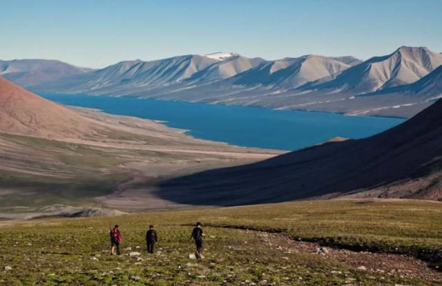 Los científicos recolectan muestras de rocas en la isla Ymer en el este de Groenlandia, uno de varios sitios cuyo análisis proporcionó información sobre la composición química de los lechos de los lagos en el Período Devónico.