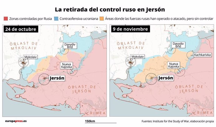 Mapa que compara la situación de la guerra en Jersón (Ucrania) el 9 de noviembre y el 24 de octubre. El Gobierno de Rusia ha anunciado este jueves el inicio de una serie de maniobras militares de "preparación" en la orilla occidental del río Dniéper des