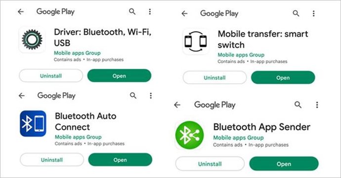 Cuatro apps para Android del desarrollador 'Mobile apps Group' que redirigen a sitios maliciosos.