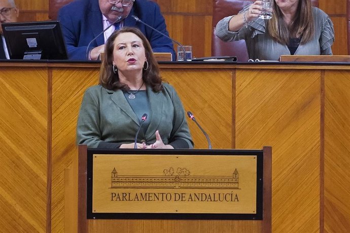 La Consejera de Agricultura, Ganadería, Pesca, Desarrollo rural y Agua, Carmen Crespo, en el Parlamento andaluz. 