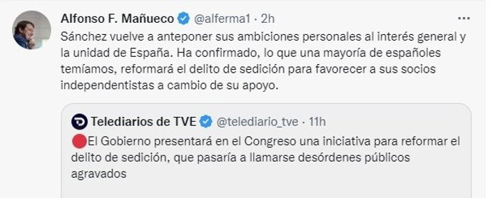 Captura del tuit de Fernández Mañueco sobre el anuncio de reforma del delito de sedición