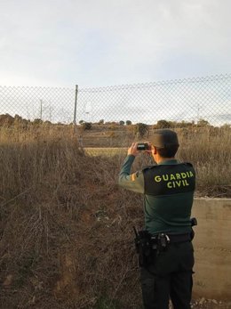 Agentes en la alambrada cortada para acceder al vivero de Golmayo (Soria).