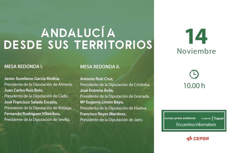 Cartel anunciador del encuentro informativo organizado por Europa Press el 14 de noviembre con los presidentes de las ocho diputaciones bajo el lema 'Andalucía desde sus territorios'