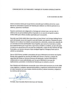 Carta de familiares y amigos de Yolanda González