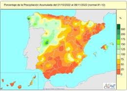 Las lluvias acumuladas en España hasta el 10 de noviembre están un 38% por debajo de lo normal.