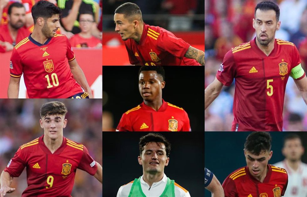 Marco Asensio, Yeremy Pino, Sergio Busquets, Ansu Fati, Gavi, Hugo Guillamón y Pedri