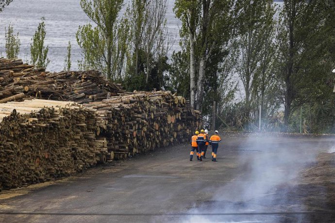 Un grupo de vigilantes camina por la antigua fábrica de Pontesa, a 7 de noviembre de 2022, en Ponte Sampaio, Pontevedra, Galicia (España). El incendio se desató ayer domingo 6 de noviembre en las instalaciones empleadas por el Grupo Nogar para el almace