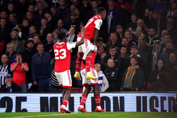 09 November 2022, United Kingdom, London: Arsenal's Eddie Nketiah celebrates scoring their side's first goal of the game during the English Carabao Cup third round soccer match between Arsenal vs Brighton and Hove Albion at the Emirates Stadium. Photo: 