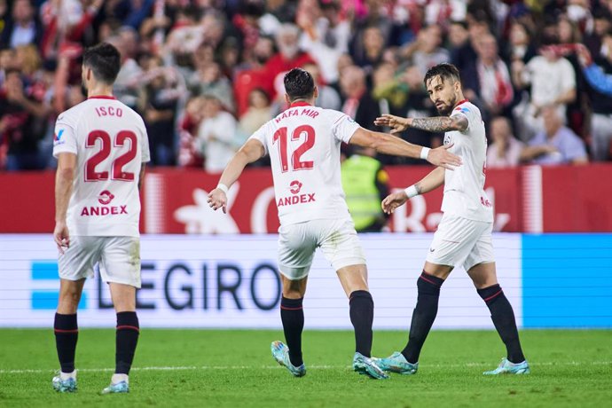 Rafa Mir of Sevilla FC celebrates a goal with teammates during the spanish league, La Liga Santander, football match played between Sevilla FC and Real Sociedad at Ramon Sanchez Pizjuan stadium on November 9, 2022, in Sevilla, Spain.