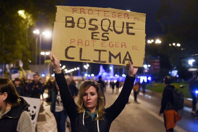 Una manifestante sostiene un cartel que dice "Proteger el bosque es proteger el clima" durante la manifestación organizada por CCOO Madrid y Alianza por el Clima por un cambio de modelo energético