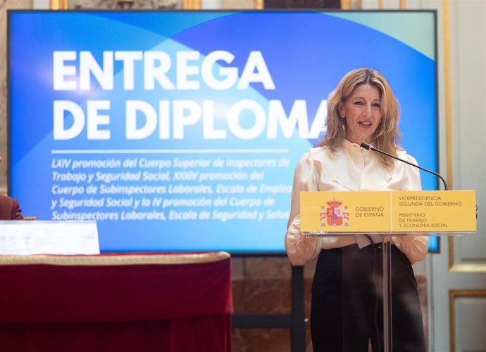 La vicepresidenta segunda del Gobierno, Yolanda Díaz, durante la entrega de diplomas a las nuevas promociones de inspectores y subinspectores de la Inspección de Trabajo celebrada la semana pasada