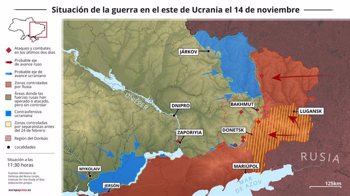 Mapa con la situación de la guerra en el este de Ucrania el 14 de noviembre (Estado a las 11:30 horas). Las autoridades ucranianas han asegurado que han "liberado" en los últimos días 179 localidades en el sur del país, tras la reciente retirada de las 