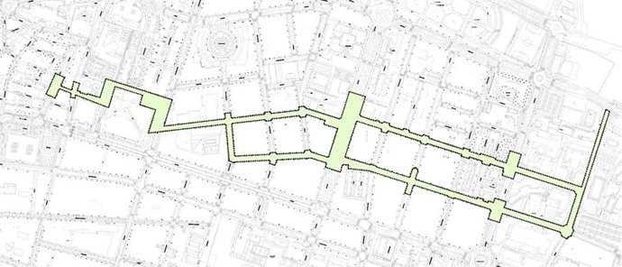 Mapa del corredor previsto por el Ayuntamiento de Logroño para una plataforma única entre la UR y el Casco Histórico.