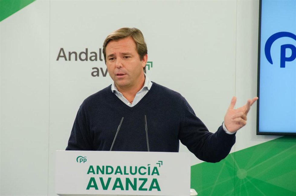 El secretario geneeral del PP-A, Antonio Repullo, este lunes en rueda de prensa en Sevilla.