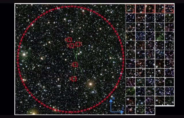 Una imagen compuesta que muestra las 58 galaxias agrupadas en la "zona de evasión" detrás de la Vía Láctea.