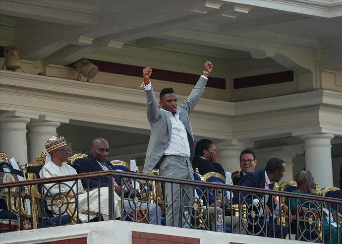 Archivo - 06 July 2019, Egypt, Alexandria: Former Cameroonian footballer Samuel Eto'o celebrates a goal during the 2019 Africa Cup of Nations round of 16 soccer match between Cameroon and Nigeria at the Alexanddria Stadium. Photo: Ulrik Pedersen/CSM via