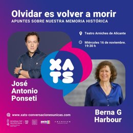 Cartel del encuentro literario XATS con Berna González Harbour y José Antonio Ponseti el miércoles 16 de noviembre en el Teatre Arniches de Alicante.