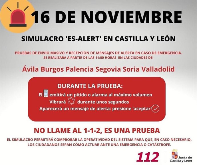 Mensaje sobre el simulacro de envío masivo de mensajes previsto para este miércoles en distintos puntos de CyL