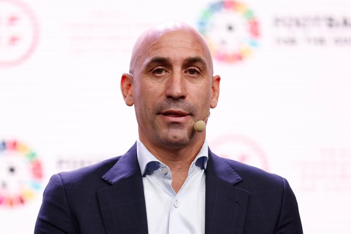 Luis Rubiales, President of Spanish Football Federation RFEF, attends during the presentation of the alliance with the UN of the commitment to human rights and sustainability by joining the #FootballForTheGoals initiative at Ciudad del Futbol on novembe