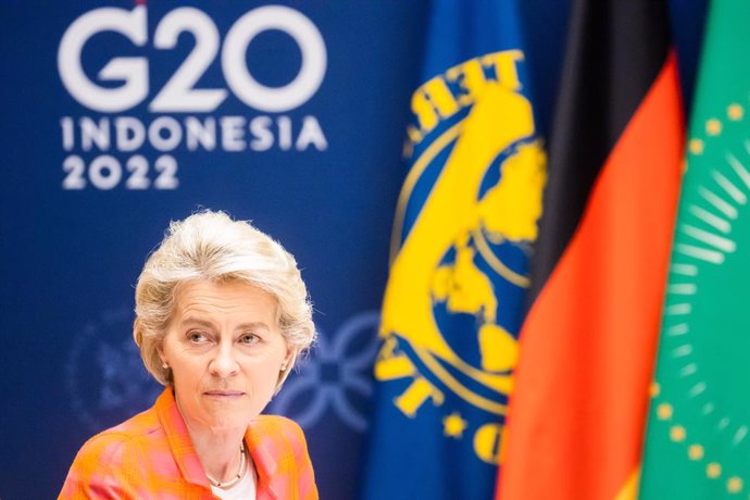 15 November 2022, Indonesia, Nusa Dua: Ursula von der Leyen, President of the European Commission, takes part in a side event during the G20 summit. Photo: Christoph Soeder/dpa