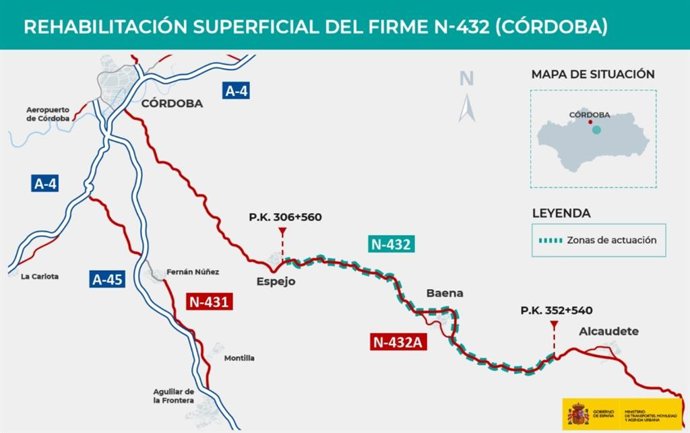 Proyecto de rehabilitación del firme de la N-432 entre Espejo y el límite con Jaén.