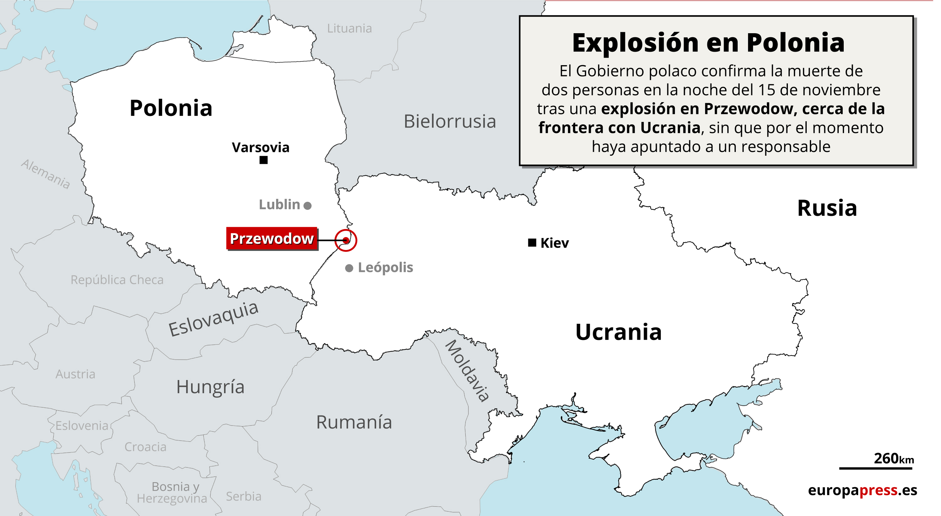 Mapa con la localización de la explosión en Polonia