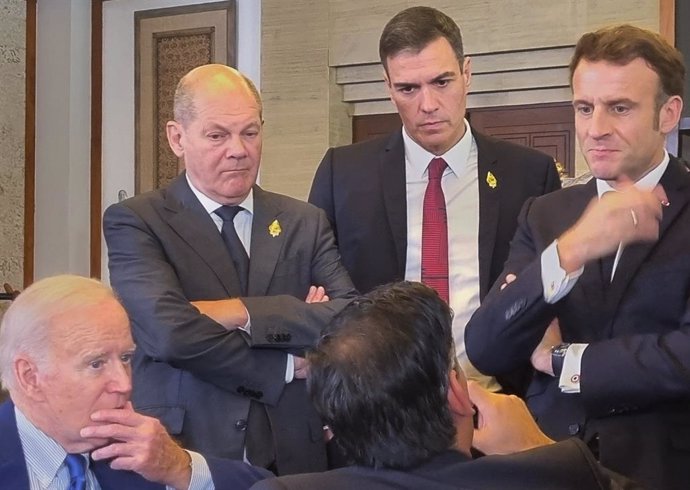 El presidente de Estados Unidos, Joe Biden; el canciller de Alemania, Olaf Scholz; el presidente del Gobierno, Pedro Sánchez y el presidente de Francia, Emmanuel Macron en una reunión de emergencia tras el incidente en Polonia