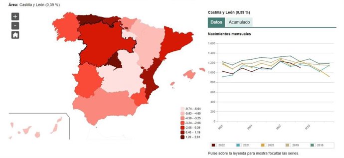 Mapa elaborado por el INE sobre la estimación de nacimientos en CyL en septiembre de 2022