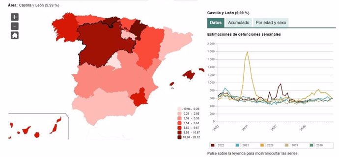 Mapa elaborado por el INE con los datos sobre la mortalidad en CyL hasta la semana 43 de 2022