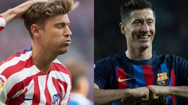 Los futbolistas Marcos Llorente (Atlético) y Robert Lewandowski (FC Barcelona).