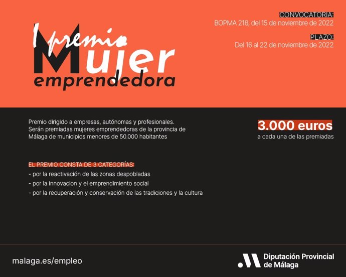 La Diputación abre la convocatoria de la I Edición del Premio Mujer Emprendedora destinado a mujeres empresarias, autónomas y sociedades.
