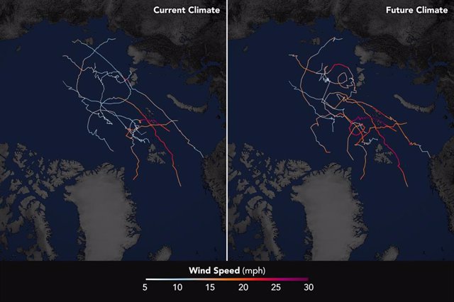 Los mapas muestran las trayectorias de las tormentas simuladas y las velocidades del viento de los nueve ciclones simulados en el estudio