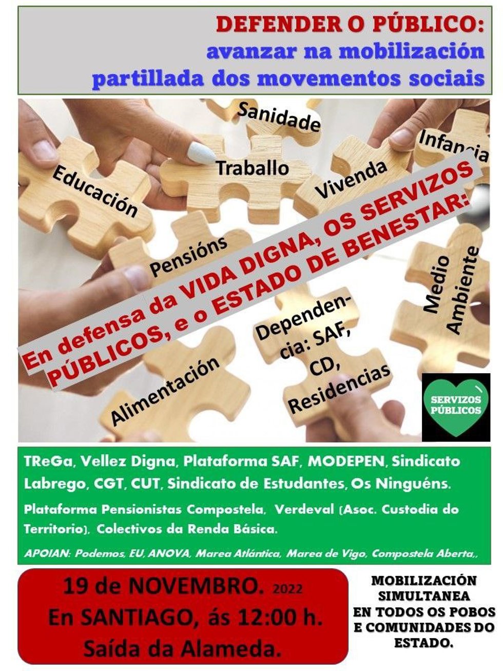 Cartel de la manifestación del 19 de noviembre en Santiago de Compostela, convocada por diferentes sindicatos, en defensa de los servicios públicos y el Estado de Bienestar