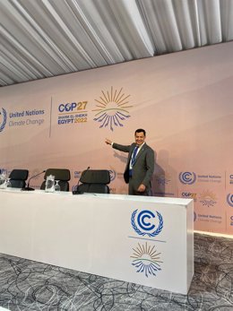 El presidente de la Junta de Andalucía, Juanma Moreno, este jueves en la sede de la COP27