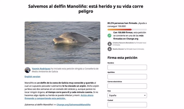 Campaña de Change.Org para el rescate del delfín gallego herido con un arpón, Manoliño