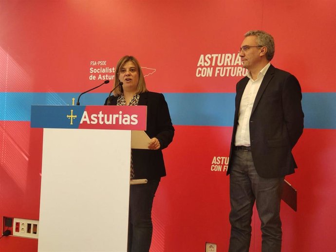 La vicesecretaria general de  la FSA-PSOE, Gimena Llamedo, junto al secretario de Estrategia y Acción Electoral de la Comisión Ejecutiva Federal del PSOE, Javier Izquierdo, en rueda de prensa.